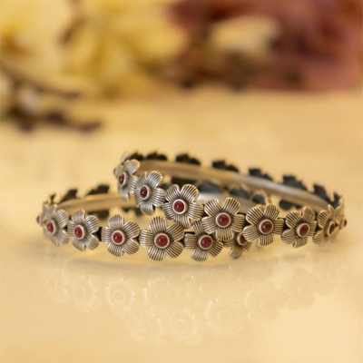Set Of 2 Sterling Silver Stones Studded Bangles
