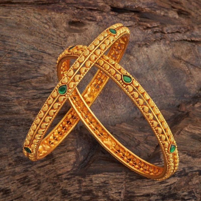 Embellished Bridal Green Gold-Plated Silver Temple Bangle